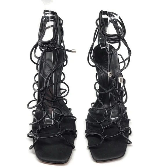 Schutz Heyde Black Leather Strappy Wrap Around & Tie Open-Toe High Heel Sandals - Picture 3 of 11